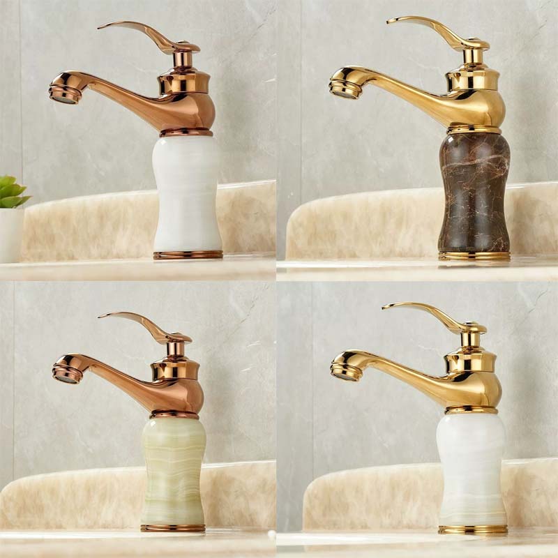 Rose Gold Luxury Bathroom Basin Faucet Single Handle Vanity Sink Mixer water Taps Brass Natural Jade Basin Sink Faucet Chrome