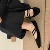 New Medium Heel Small Leather Shoes Beef Tendon Sole Large Size Comfortable Wedge Heel Square Head Buckle Casual Four Seasons Wear Women's Single Shoe