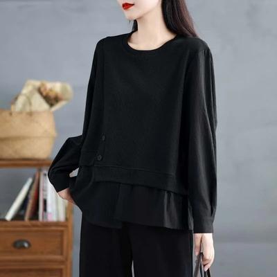Women's Black Crew Neck Layered Blouse Button Decor Loose Fit Casual Long Sleeve Pullover Top