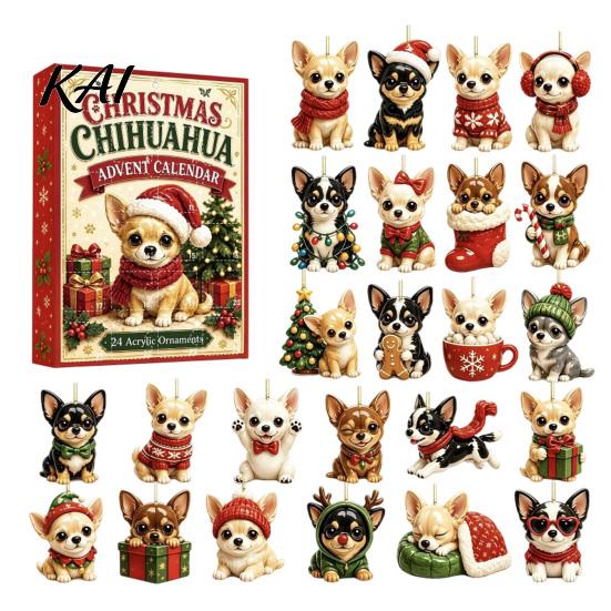 Dog Advent Calendar 24 Day Calendar, Cute 2D Flat Chihuahua Hanging Ornaments, Decorative Ornaments for Owners Different Acrylic Pendants Holiday Home