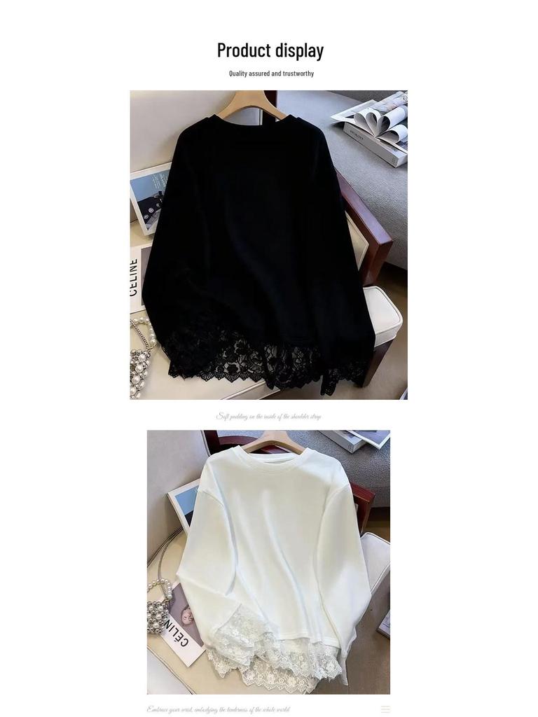 Weißes Spitzen-Patchwork-Langarm-T-Shirt für Damen, Stilvolle Plus-Size Herbst-/Winter-Unterwäsche