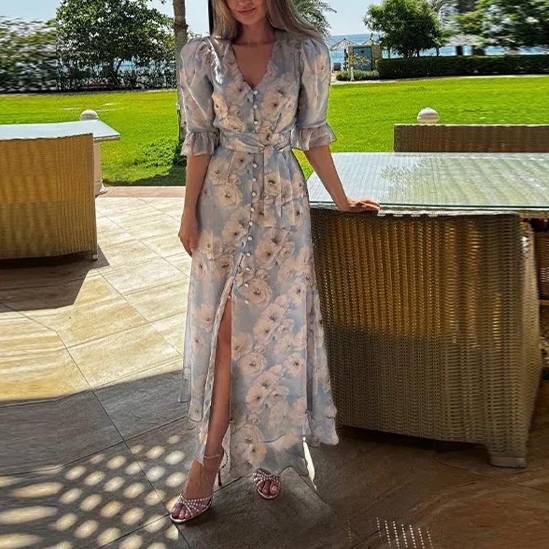 2026 Spring Women's Clothing, European and American Dresses, Casual Loose Waist Plant-printed Dresses