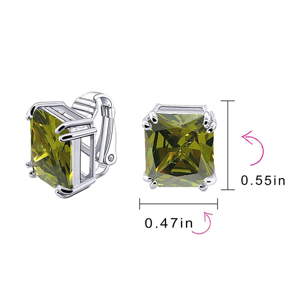 Traditional Classic Large Statement 7CT Emerald Cut Imitated Olive Green Peridot AAA CZ Solitaire Clip on Silver Plated 14MM Stud Earrings for Women