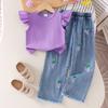 Girls' Purple Suit Summer Children's Casual Top + Grape Embroidery Jeans Set