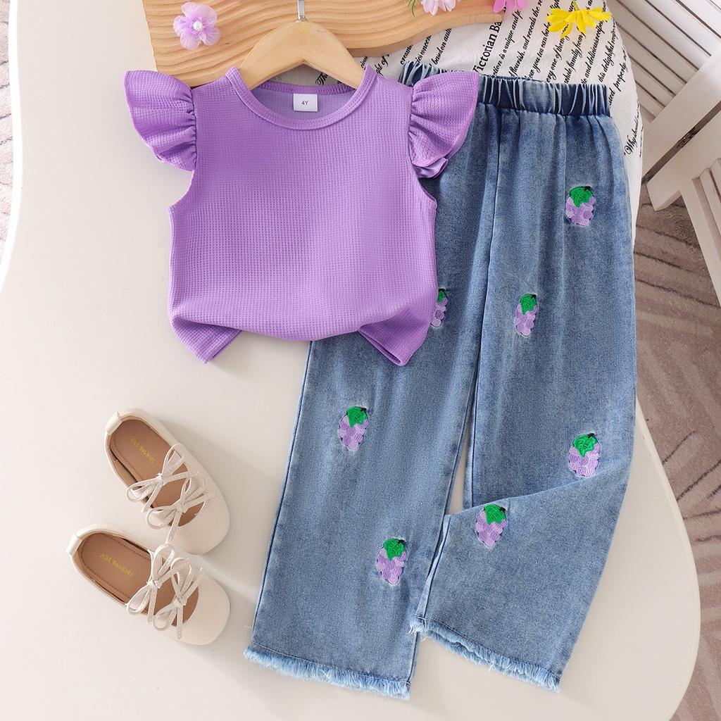 Girls' Purple Suit Summer Children's Casual Top + Grape Embroidery Jeans Set