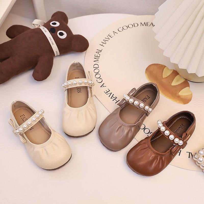 Korean version of girls' small leather shoes, spring and autumn 2025 new soft-soled children's pearl princess shoes, retro Mary Jane single shoes