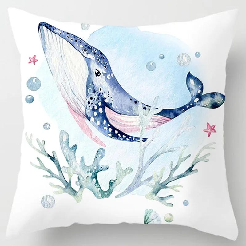 Ocean Whale Oil Painting Series Printed Pattern Cushion Cover Home Living Room Sofa Decoration Square Pillow  Cover45x45cm