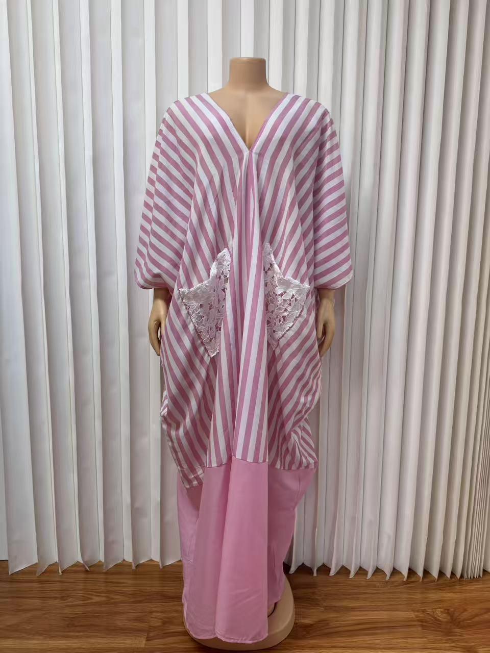 European Summer 2026 Casual V-Neck Striped Long Loose Dress One Size розовый