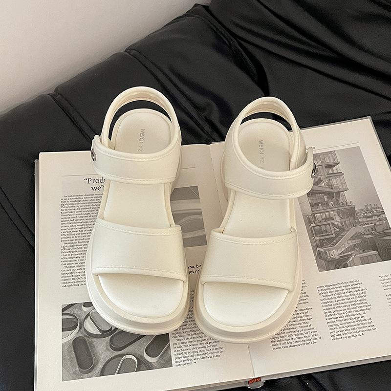 

Versatile heightening one-word casual wedge sandals women s summer fashion thick-soled round head Velcro Roman single shoes 40 молочный белый