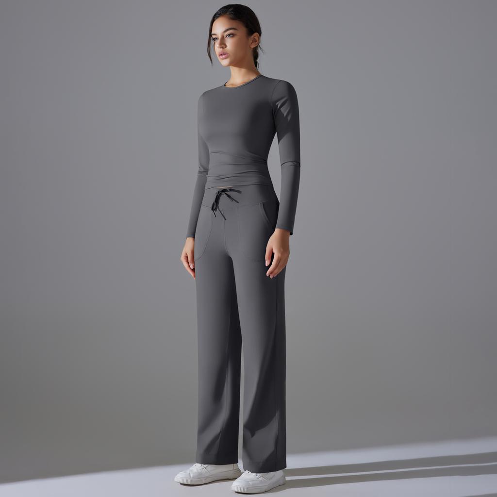 Auroth Long Sleeve Yoga Set With Pockets Women Workout Colthes Gym Top Wide Leg Fitness Pants Sportswear