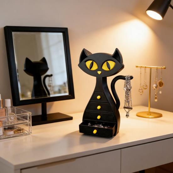 Schwarze Katze Geformte Schmuckschatulle 3D-gedruckter Katzen-Schmuckorganizer mit 6 Schubladen für Halsketten Armbänder Ohrringe Ringe