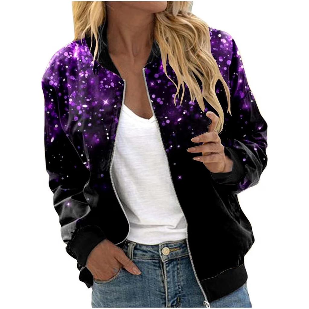 Women's Fashion Long Sleeve Sequin Starlight Print Round Neck Zip Jacket