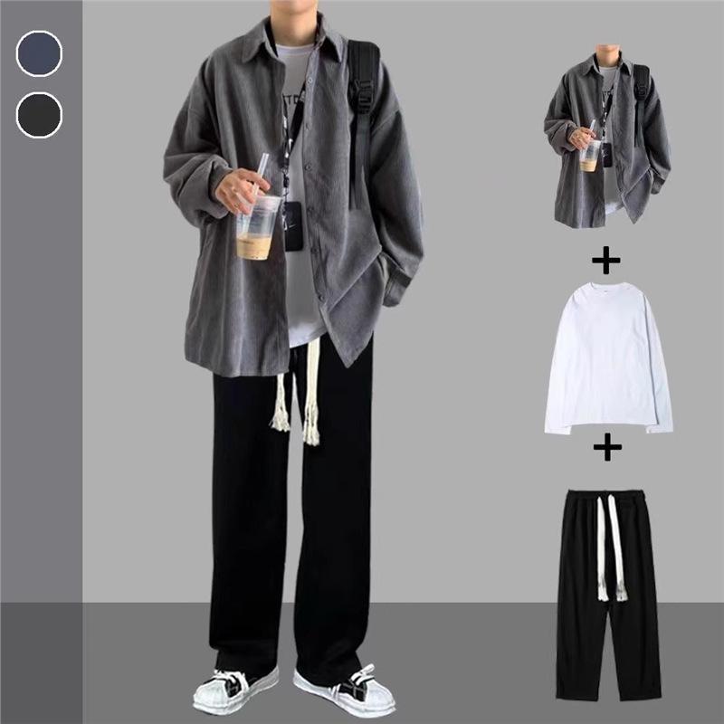 2026 Men s Trendy Corduroy Shirt Three-Piece Set: Spring & Autumn Hong Kong Style S