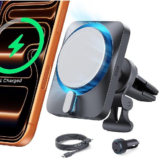 ESR for MagSafe Car Mount Charger with CryoBoost, Phone Cooling MagSafe Car Charger, Magnetic Wireless Car Charging, Air Vent/Dashboard Car Phone Premium Car Charger Set