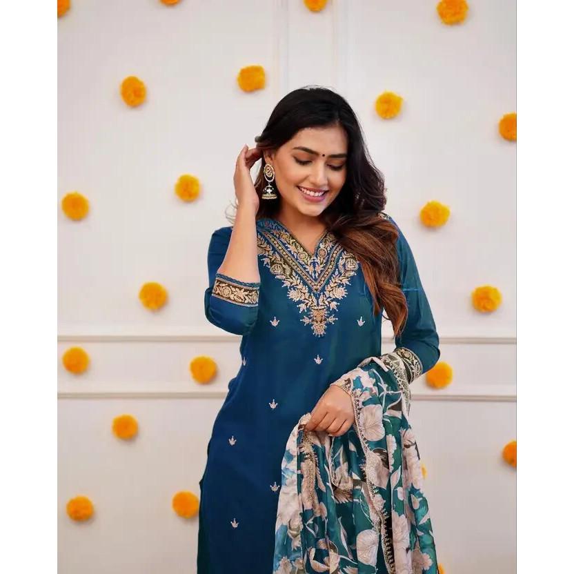 Women Bollywood Kurta Pant Dupatta Set Indian Designer Ethnic Top Tunic Kurti VFP-1862a