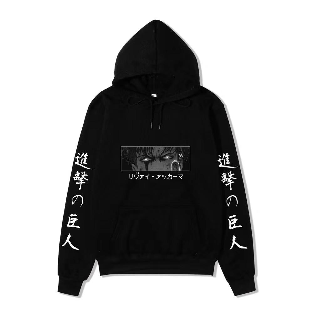 Anime Attack On Titan Levi Ackerman Hoodie, Double Sleeve Japanese Text Print Pullover Sweatshirt Long Sleeve Streetwear for Men Women