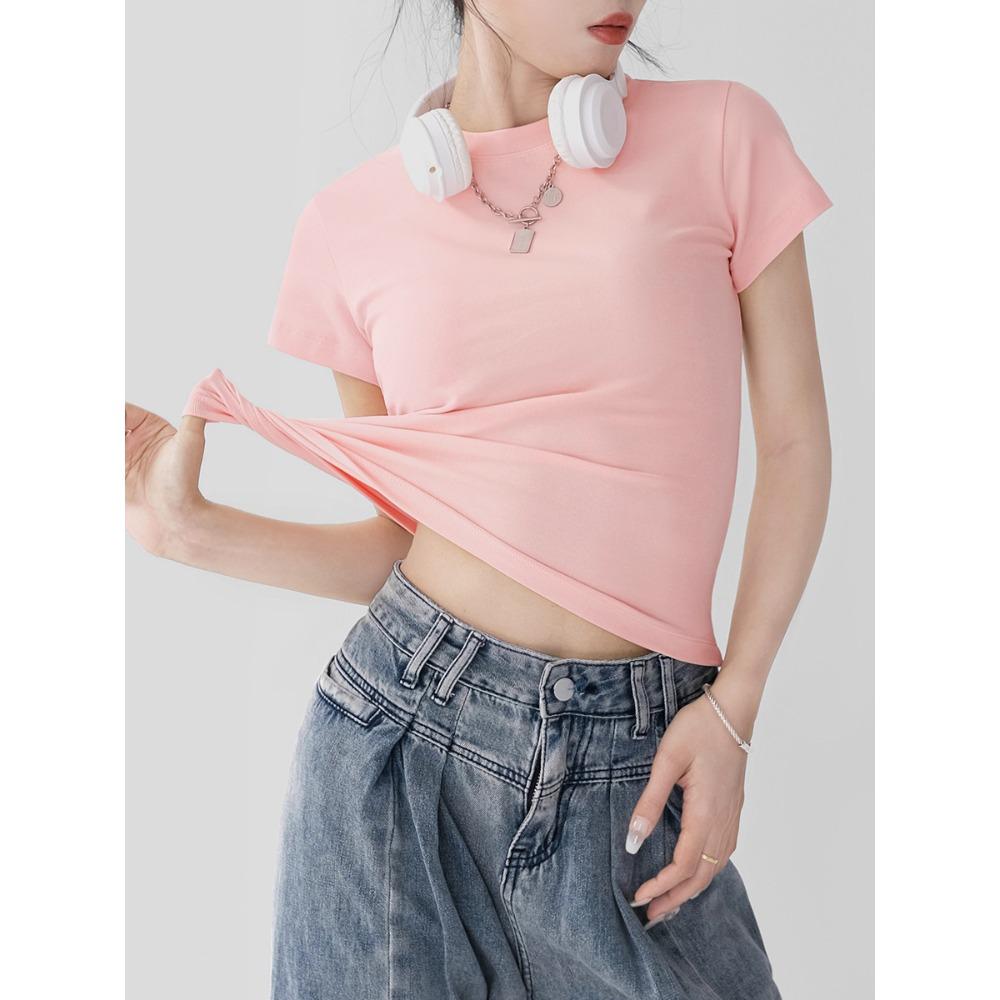 Small Round Neck Shoulder Short Sleeved T-shirt for Women In Spring and Summer, Slim Fit and Slimming, Can Be Worn Outside, High-end and Spicy Girl