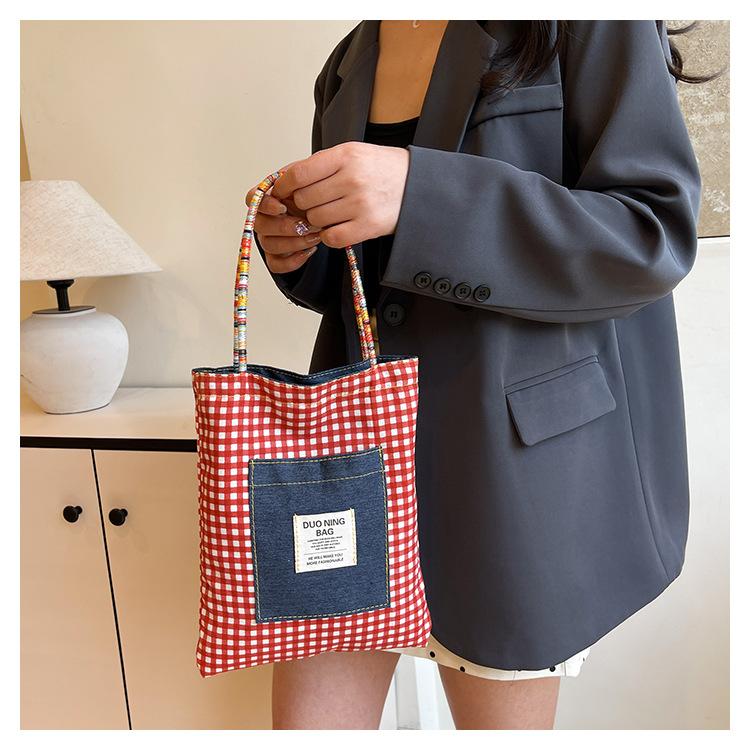 American Style Gingham Checkered Tote Bag Large Capacity Polyester Shoulder Handbag CLE