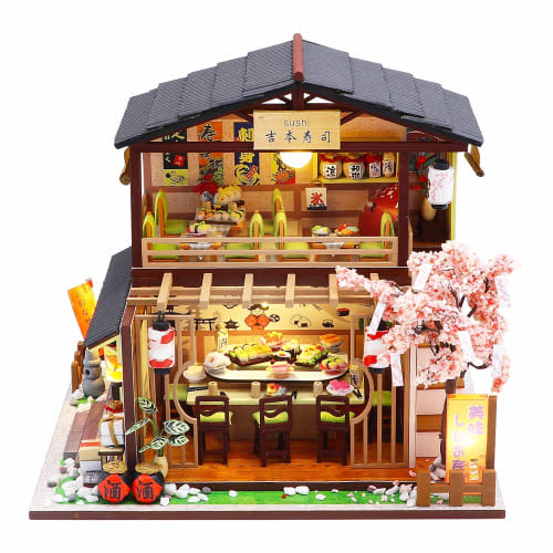 Spilay DIY Wooden Dollhouse Miniature Handmade Kit Set for Beginners, Japanese-Style DIY Wooden Dollhouse with 3D Puzzle and LED Lights, Perfect As a