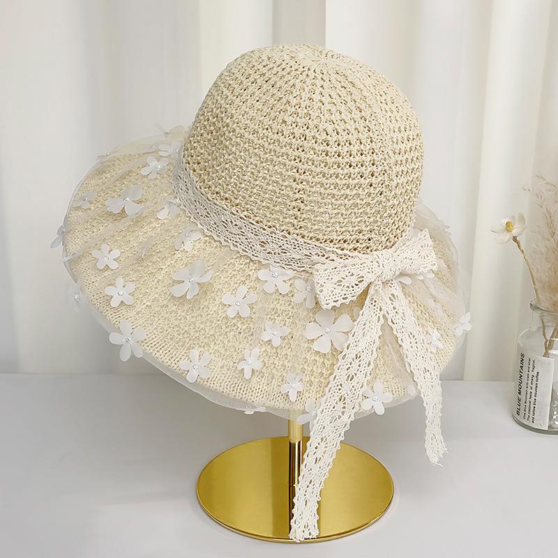 Straw Bow Fisherman's Hat Children Spring and Summer Big Brim Face Covering Sun Protection Hat Seaside Vacation Beach Hat