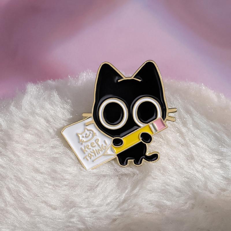 Cute Cartoon Black Cat Enamel Brooch With Pen Design For Stylish Accessory Lovers
