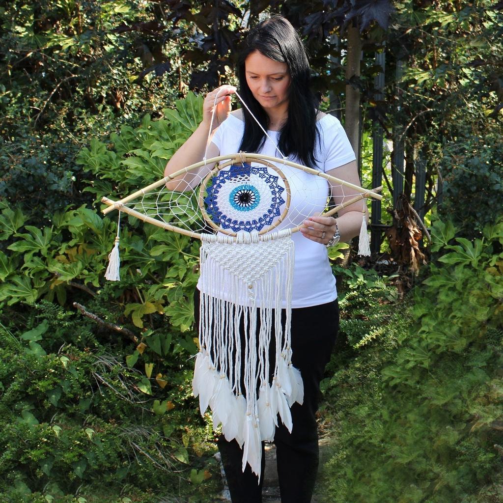 Dream Catcher Macrame Evil Eye Blue White Pink