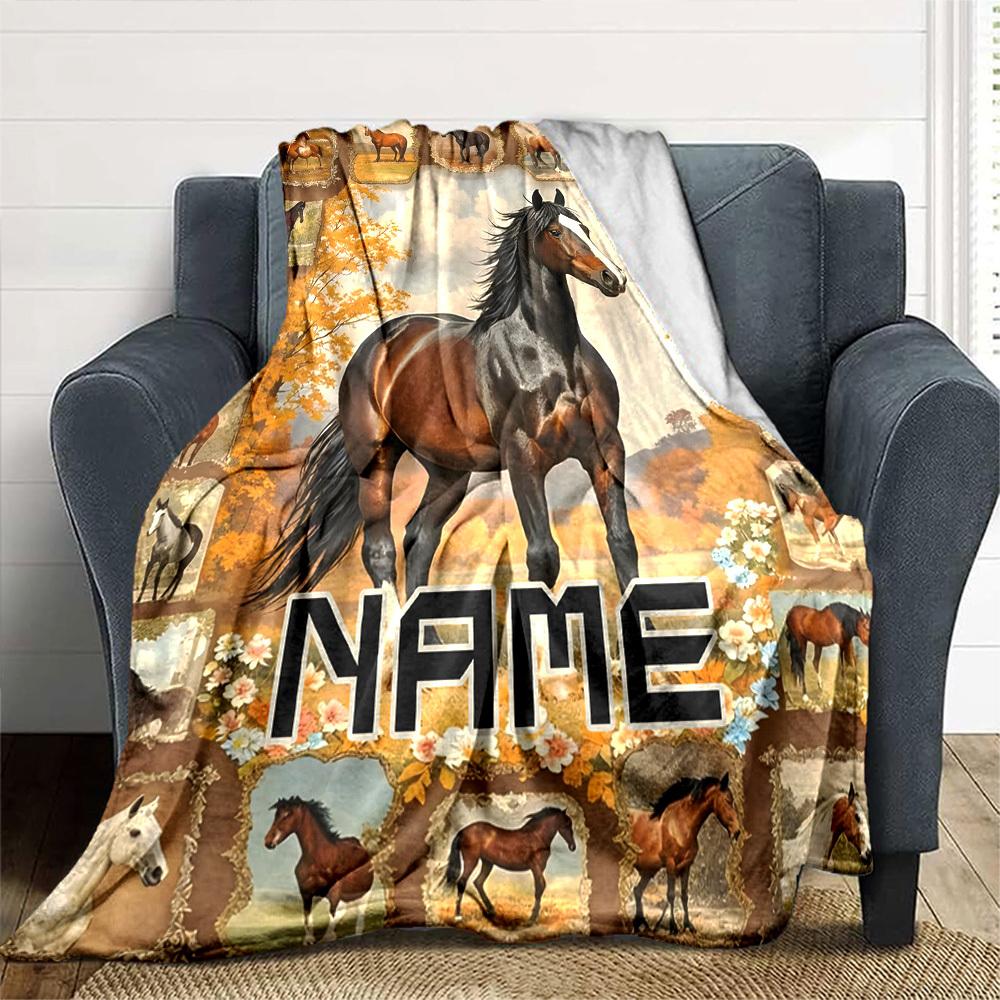 Horse Collection In Autumn Landscape Gift Customizable Blanket Personalized Text Ultrasoft Versatile For Sofa Couch Office Bed Picnics For All