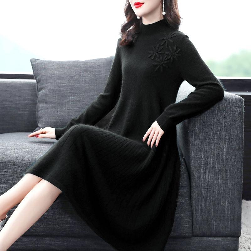 Mid-length Knitted Dress for Women Autumn and Winter Fashionable Embroidered Sweater Dress Solid Color Half Turtleneck Pullover