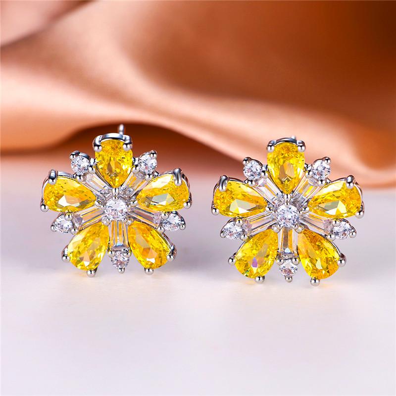 Female Crystal Green Stone Flower Stud Earrings Vintage Silver Color Wedding  For Women