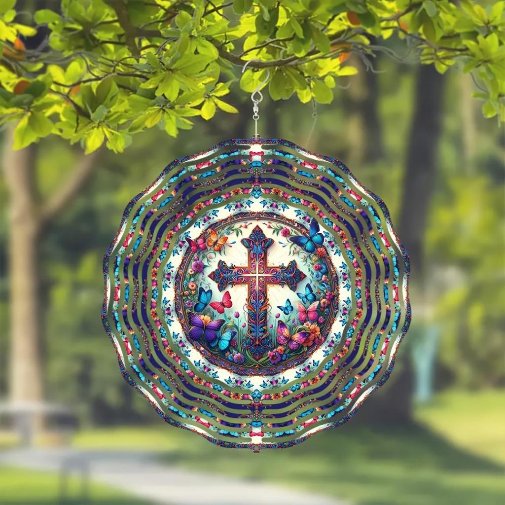 Butterfly Cross Wind Spinner 2D Laser Cut Metal Garden Decor with Floral Design 360 Rotating Hook for Indoor Outdoor Housewarming Gift