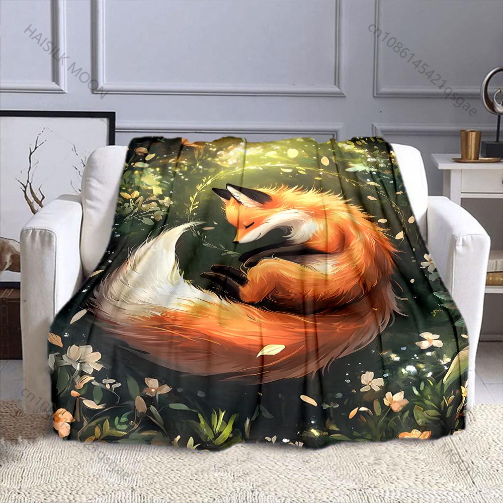 Multiple Sizes Sleeping Fox In Forest Print Blanket Flannel Material Soft Warm for All Seasons Home Outdoor Camping Picnics