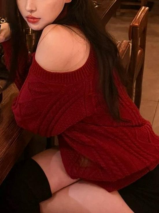 Rose Record High Neck Off-the-Shoulder Knit Top for Women - Autumn/Winter Lazy Style