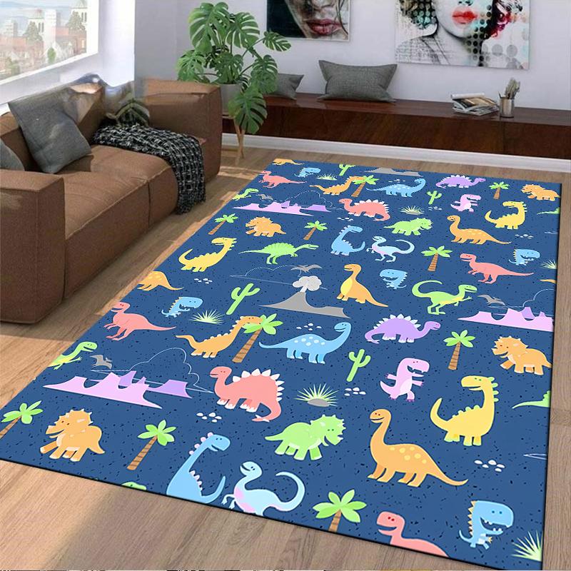 Kids Dinosaur Pattern Carpet with Colorful Animals and Blue Background Suitable for use as an anti-slip for living room bedroom sofas