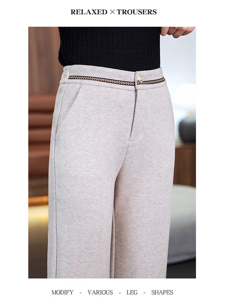 Pantalon Large Taille Haute en Laine Cachemire pour Femme - Automne/Hiver, Épais, Élégant, Polyvalent, Design Droit Décontracté.