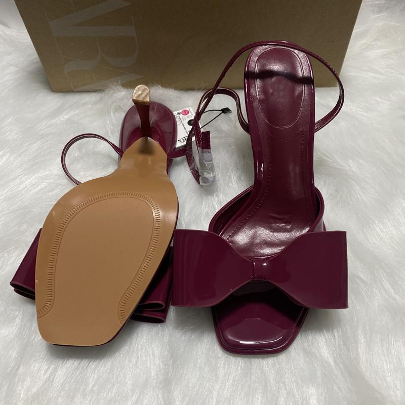 Fashion 2025 Summer Fashion Square Toe Bowknot Patent Leather Women Gladiator Sandals Sexy Ankle Strap Stiletto High Heels Wedding Shoes