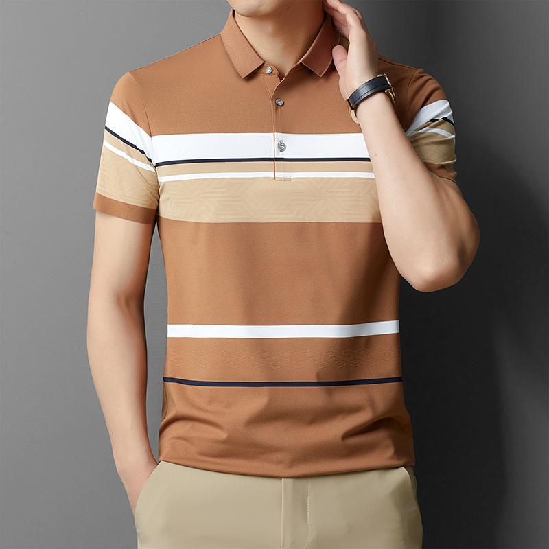 Papa Kurzarm Reine Baumwolle Kontrastfarbe Maschinenwaschbar Gestreift Lässig Herren T-Shirt Revers Locker Poloshirt