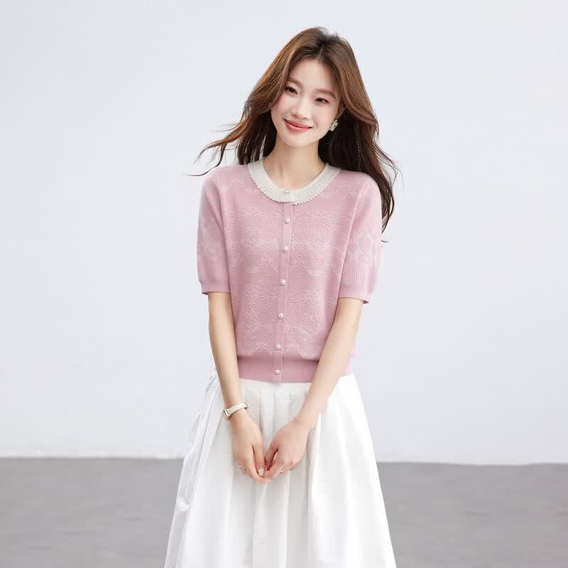 Srcr Women s Silk Blend Jacquard Knit Short Sleeve T-Shirt XL