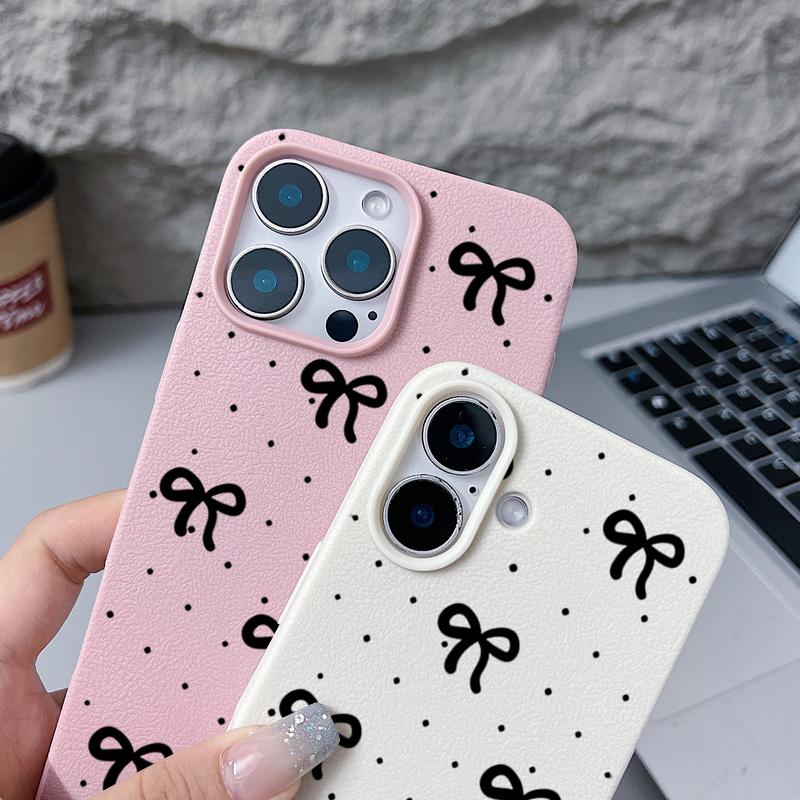Czarne kropki, kokarda, nadruk, miękkie matowe etui na iPhone 16 Pro Max 15 Pro 14 13 12 11, TPU, tekstura skóry, odporne na wstrząsy, smukłe etui na telefon