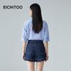 EICHITOO Women's Light Blue Striped Mid-Sleeve Lapel Shirt