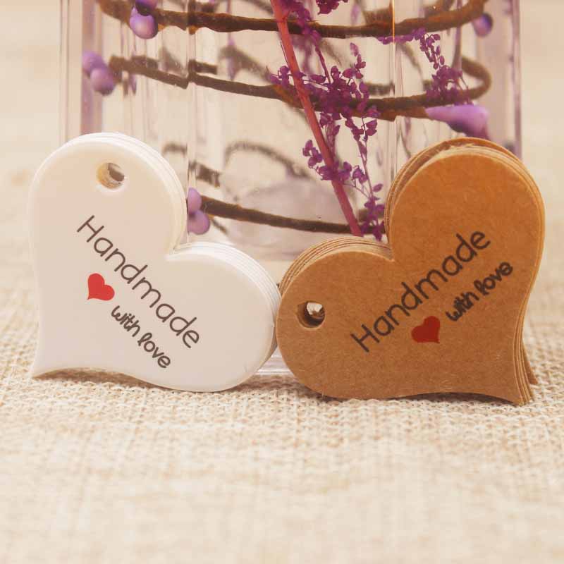 200pcs New design kraft/white Handmade tag,paper vintage red heart Handmade gift tag products swing Handmade with love hang tag