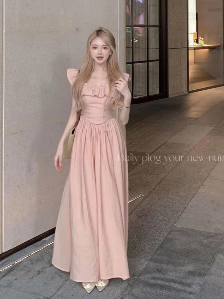 Lined Flutter Sleeve Ruffle Dress - Square Neck, Fitted Waist, Long French Style for Women, Perfect for Summer Elegance