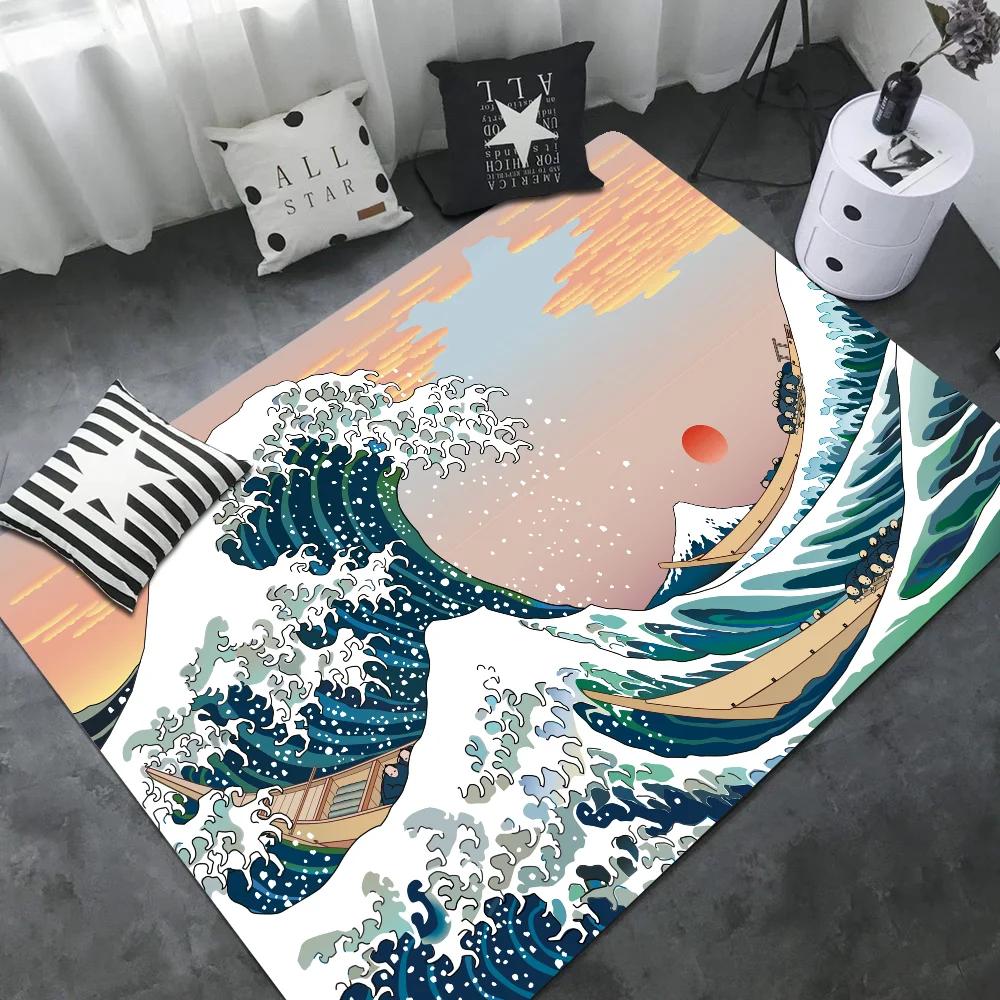 Japanese Wave Art Floor Mat Retro Multiple Choice Living Room Kitchen Rug Non-Slip Modern Home Decor