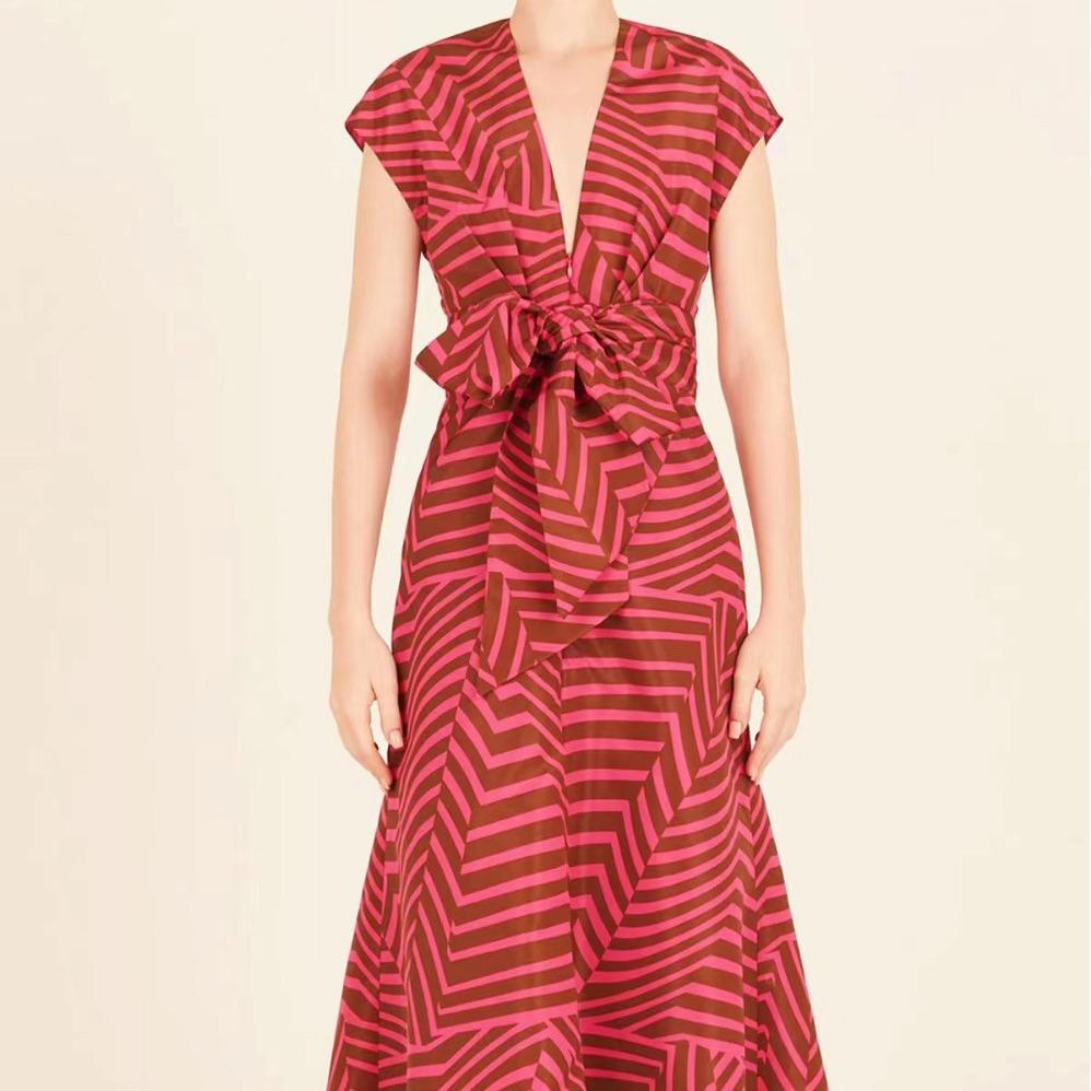 

Women s 2023 Autumn Red V-Neck Short-Sleeve Tie-Waist Long Dress S червоний