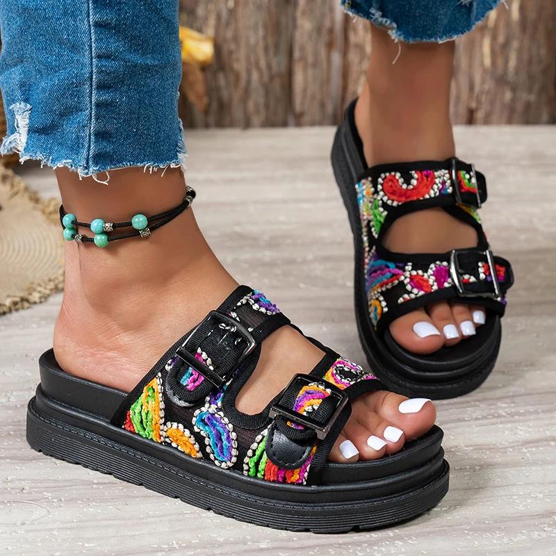 Fashion Women Shoes Mix Color Chunky Platform Slippers Women 2025 Fashion Flowers Non-Slip Sandals Woman Buckle Soft Thick Bottom Slides