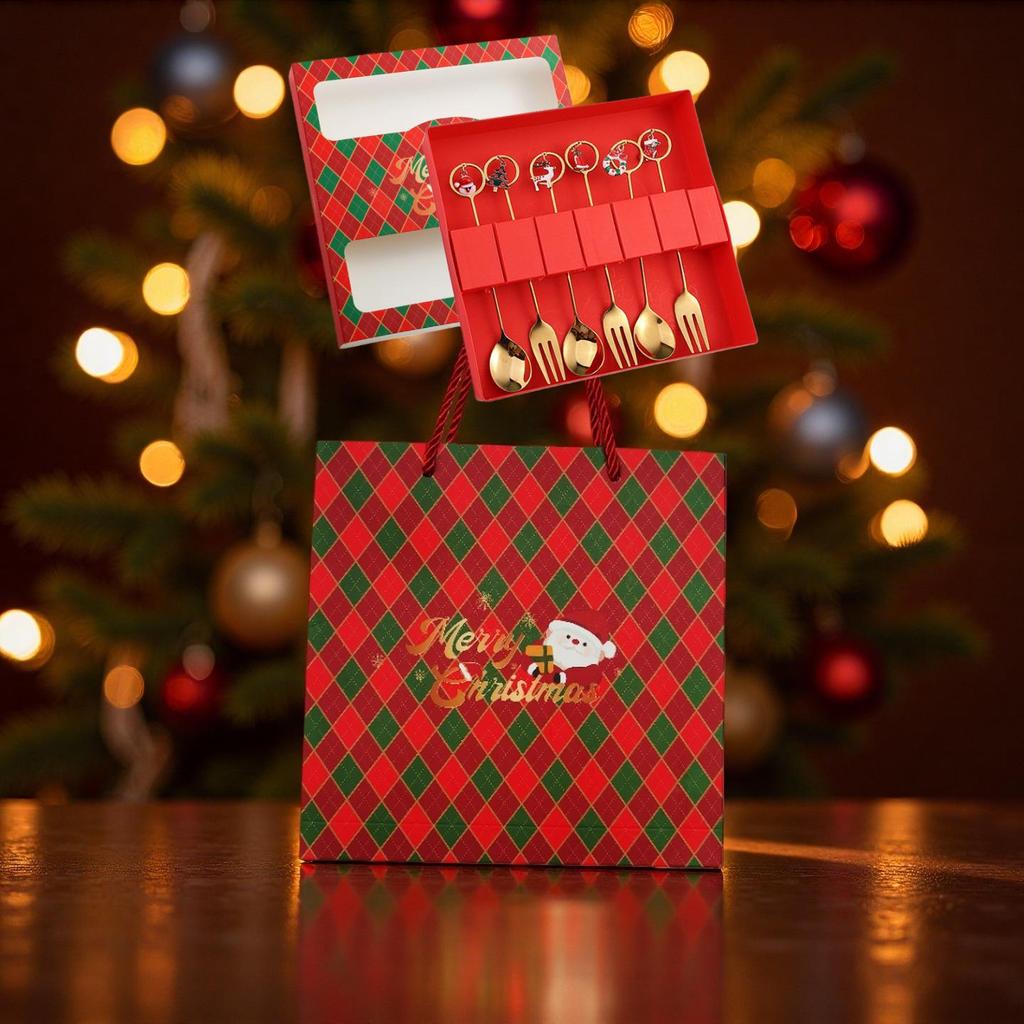 Christmas Cartoon Cutlery Set: Forks, Spoons, and Gift Box Featuring Cute Reindeer and Tree Designs.