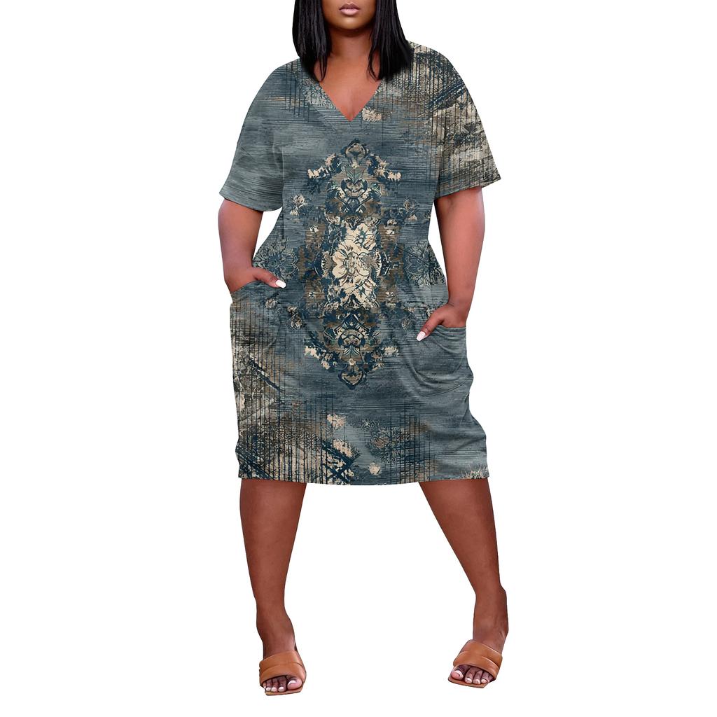 Letní nadměrné velikosti V výstřih krátký rukáv ke kolenům kapsa potisk ležérní šaty pro ženy