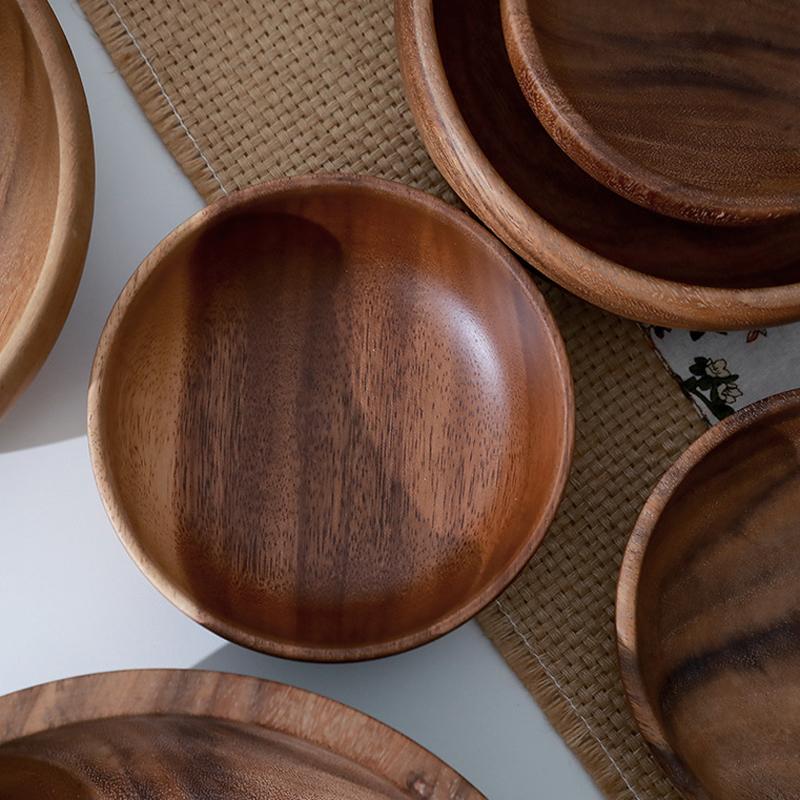 Fine Natural Hand-Made Wooden Salad Bowl Classic Round Acacia Wood Salad Dining Bowl Plates Premium Wood Kitchen Utensils