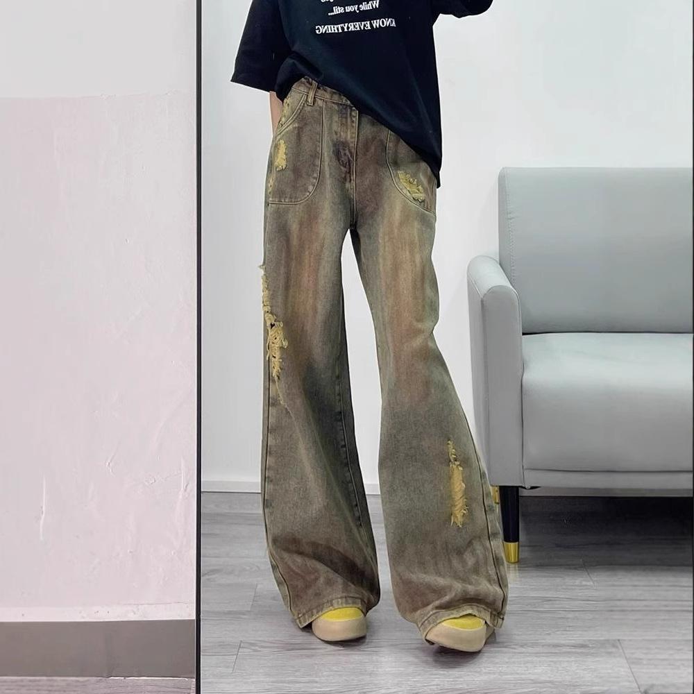 Comfortable Design Sense Niche Broken Hole Jeans Women High Waist Drag Floor Vintage Straight Wide Leg Long Pants Jeans for Women Long Denim Pants