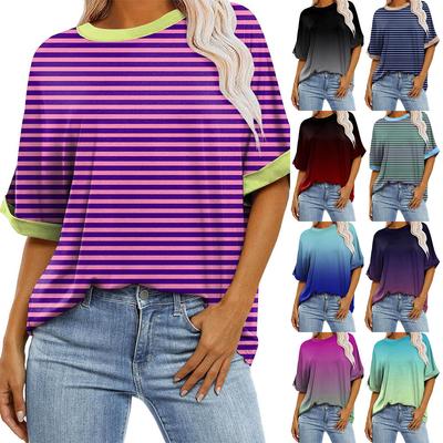 Striped Graduated Print Crew Neck Short Sleeve for Women Summer Casual Loose Fashion Pullover T-shirt Work Vacation Breathable Lightweight Compy Top