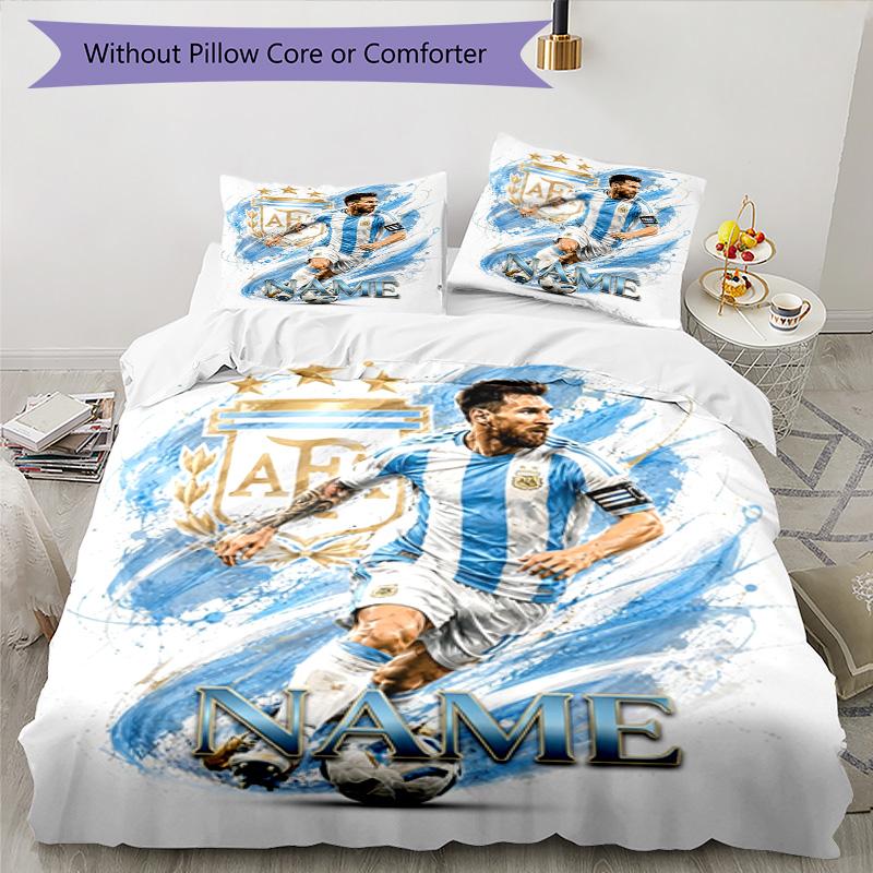 Messi Custom Soccer Player Personalized Name Bedding Set,Airy Bed Linen for Sports Room Decor,Perfect Teenager Gift,Double Sided Duvet Cover with Pill